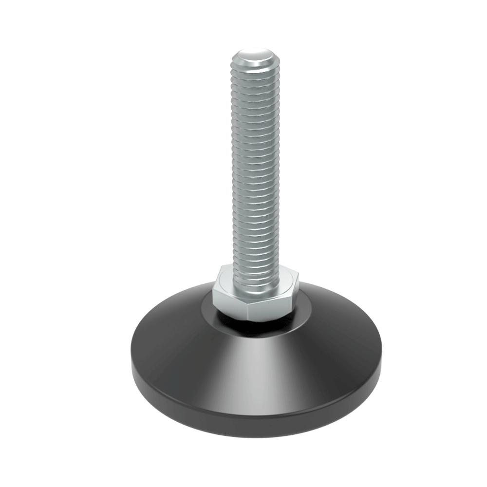 The LHVD leveler is designed to withstand transverse stresses and significant weights. The <b>hexagonal nut on the stud allows for precise adjustment after installation</b> (a similar leveler is available without a movement angle, family <b><a href= ' https://www.isc-sl.com/non-tilting-adjustable-foot-with-an-hex-nut/lhvf/' target='_top'>LHVF</a></b>).<br>Certain models are supplied with a <b>non-slip EPDM material base</b>.