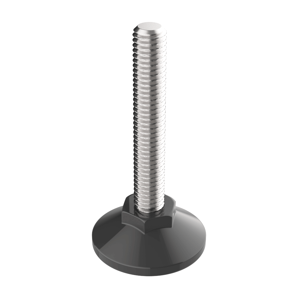 Our LHVFB round base levelling feet are made of Polyamide 6 <b>(PA6)</b> with a Zinc Plated Steel <b>(ZCS)</b> thread and have a built-in nut to adjust their height using an adjustable wrench. We offer different types of base depending on the reference: <br><br>
<i>*Type 1 corresponds to a <b>hollow base</b>. <br></i>
<i>*Type 2 corresponds to a <b>flat base</b>. <br></i>
<i>*Type 3 corresponds to a <b>base with concentric brake slots</b>. <br></i>
<i>*Type 4 has a <b>cross housing</b> to facilitate levelling, and is also available with an <b>Allen housing</b>.</i><br><br>
The axial static load capacity varies according to the reference. For more information, please contact us.<br><br>
Available in various configurations, including:<br><br>
<i>*Polished/bright or eroded/matte finish.</i><br>
<i>*Supplied with Allen housing at the thread end.</i><br>
<i>*Manufactured in Stainless Steel (SS).</i><br><br>
For more details, contact our sales department.<br>