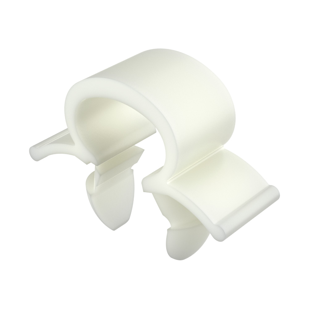 The split wire routing design allows loading of wires by separating the cup at the split and then inserting the prongs of the clip into a hole in the panel.