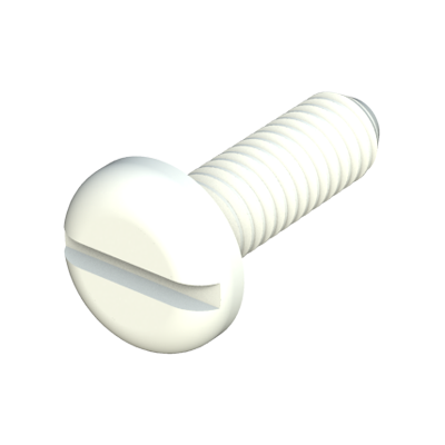 Our nylon pan slotted head screws (DIN 85 screws) provide excellent resistance against chemicals (see table of properties). It is a material with a high level of dielectric strength, it does not rust and prevents damage due to breaking strength during mechanical stress. We offer some sizes of screws (1/4-20) manufactured in PC (polycarbonate) transparent.