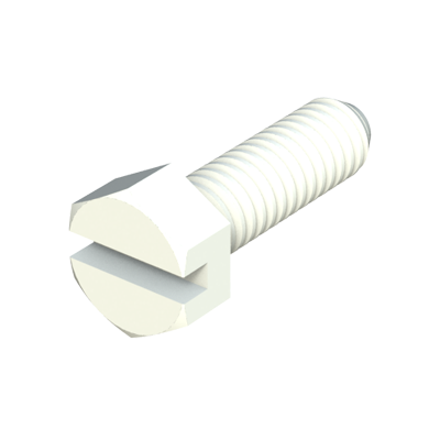 Our nylon hexagonal slotted head screws (DIN 962 screws) provide excellent resistance against chemicals (see table of properties). It is a material with a high level of dielectric strength, it does not rust and prevents damage due to breaking strength during mechanical stress. We offer some sizes of screws (1/4-20) manufactured in PC (polycarbonate) transparent.