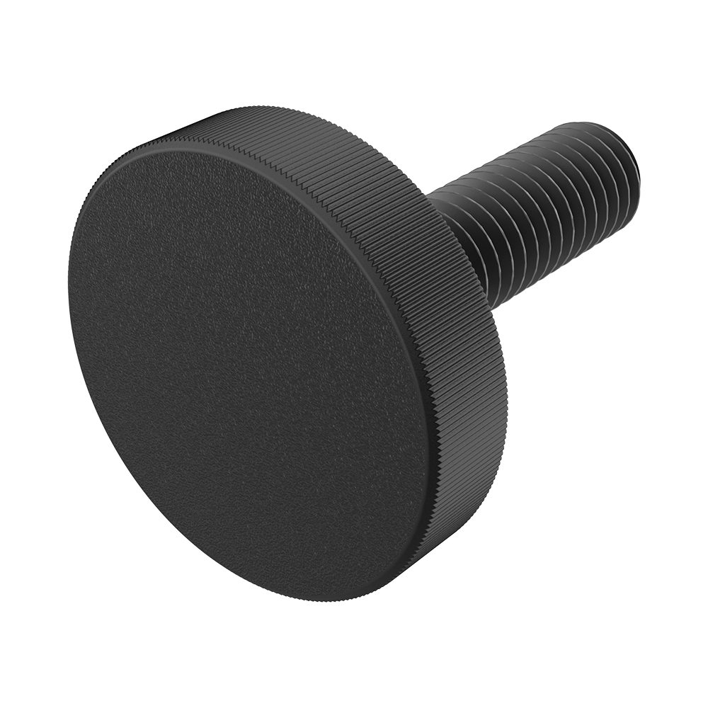 <p>Our <b>MTV knurled knobs with threaded stud</b> are manufactured with a <b>POM (Polyoxymethylene)</b> body and <b>zinc-plated steel</b> threaded stud. This material combination provides a lightweight and reliable solution for multiple industrial applications.</p>

<p><b>POM (Polyoxymethylene)</b> is a high-quality engineering material offering excellent mechanical resistance, good thermal stability and suitable chemical resistance.</p>

<p>· <b>Materials:</b> POM (Polyoxymethylene) and zinc-plated steel<br>
· <b>Available colours:</b> Grey RAL 7038, Black RAL 7021 and Red RAL 3001</p>