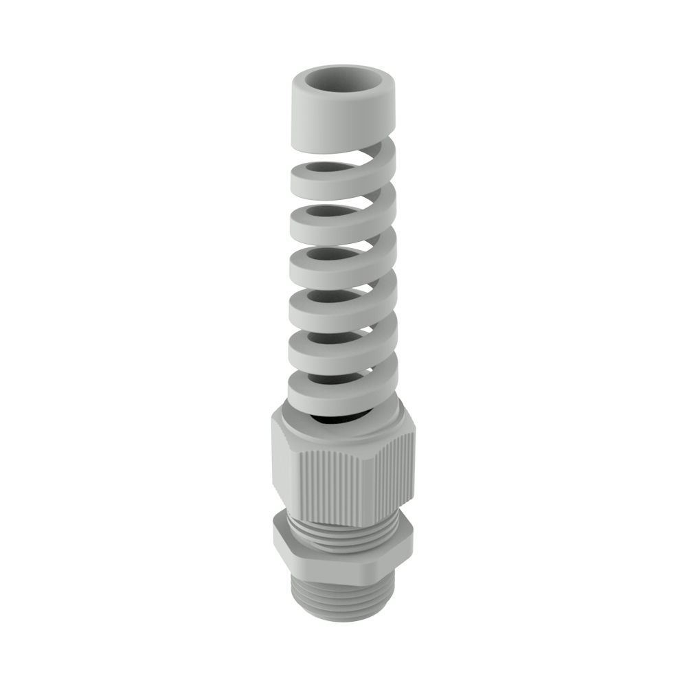 PRPRF flexible cable glands, manufactured according to <b>DIN EN 62444/50262</b>, allow the cable to move freely even continuously and offer excellent protection even when vibrations are present. The body is made of <b>PA6</b> (nylon6) and the internal seal of <b>CR</b> (Rubber - Chloroprene). It complies with IP66 and IP698 (up to 5 bar) type 4X (UL 50E) protection. For optimal sealing, we recommend using the lock nut (families <a href='
https://www.iscsl.co.uk/hexagonal-lock-nut-with-flange/prtu/
' target='_blank'><b>PRTU</b></a>, <a href='
https://www.iscsl.co.uk/hexagonal-lock-nut/prtum/
' target='_blank'><b>PRTUM</b></a>, <a href='
https://www.iscsl.co.uk/hexagonal-lock-nut/prtue/
' target='_blank'><b>PRTUE</b></a>) and the flat section O-ring (<a href='
https://www.iscsl.co.uk/o-ring-for-metric-and-pg-threads/prp/
' target='_blank'><b>PRP</b></a>), which are sold separately.<br>All three colours are UV resistant (F1 according to UL 746C). Under special production, we can supply the colours RAL3020 (red), RAL9003 (white) and RAL5015 (blue), as well as replacement seals for multi-core or flat cables. <br><br>Standards and Certifications: VDE (EN 62444), UL (UL 514B, CSA C22.2 Nr. 18.3-12 and 94.2-15), c-CSA-us (CSA C22.2), DNV GL (EN 62444). <i>Some regulations may not cover all sizes, please consult our sales department</i>.
