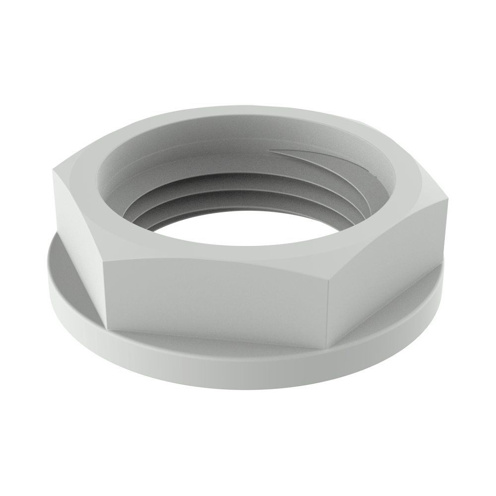 <p>Our <b>PRTU locknut</b> is a hexagonal locknut with integrated flange for securing cable glands and accessories in electrical installations with metric connection threads according to EN 60423. The integrated flange increases the bearing surface and improves assembly stability, reducing stress on the mounting panel.</p>

<p>Manufactured in <b>polyamide 6 reinforced with 30% glass fiber</b> or in <b>high-impact resistant polyamide 6</b>, it is suitable for mechanically demanding applications and environments subject to vibration. The high-impact version is exclusively available for references 015008 in metric sizes M16, M20 and M25.</p>

<p>· <b>Colours:</b> light grey RAL 7035, dark grey RAL 7001, black RAL 9005; white RAL 9010 and red RAL 3000 for references 015008<br>
· <b>Metric threads:</b> M12–M63 (EN 60423)<br>
· <b>PG threads:</b> PG7–PG48</p>

<p><i>Other colours available on request.</i></p>