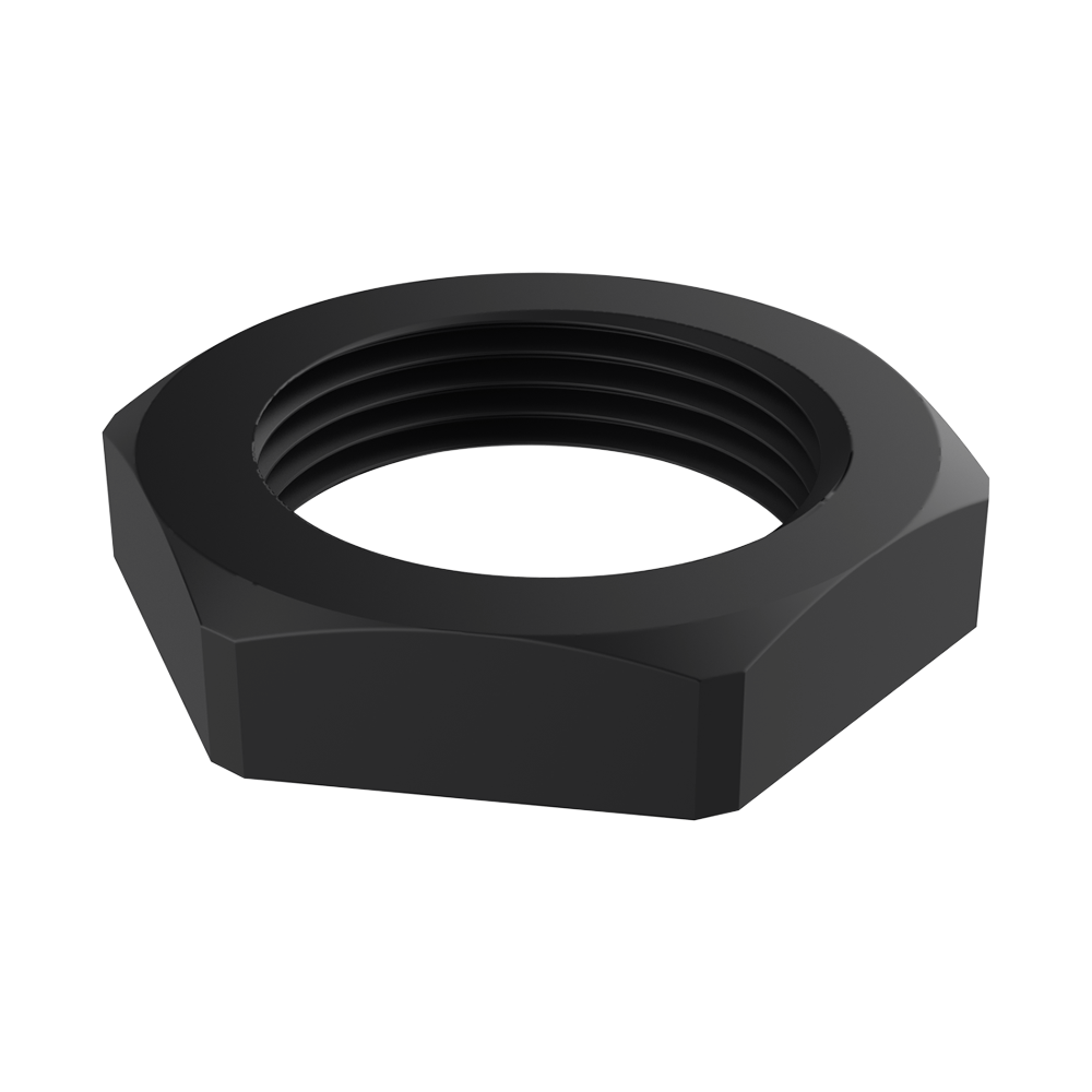 <p>Our <b>plastic hex locknut PRTUE</b> (without flange) is designed for secure fixing of cable glands and accessories when no threaded entry is available in the panel or enclosure, ensuring mechanical stability and vibration resistance.</p>

<p>Manufactured in <b>glass-fibre reinforced polyamide</b>, with PA6 or polycarbonate variants depending on series and thread type.</p>

<p>· <b>Threads:</b> Metric (EN 60423), PG (DIN 40430/46320), GAS (BSPP – ISO 228-1) and NPT<br>
· <b>Material:</b> glass-fibre reinforced PA; PA6 or PC variants (depending on series)<br>
· <b>Colours:</b> RAL 7035, RAL 7001, RAL 9005; options RAL 9010 and RAL 3000 (subject to availability)<br>
· <b>Operating temperature / flammability:</b> -30°C to +120°C or -20°C to +90°C; in PC up to -40°C to +135°C; UL94-HB (depending on series)</p>