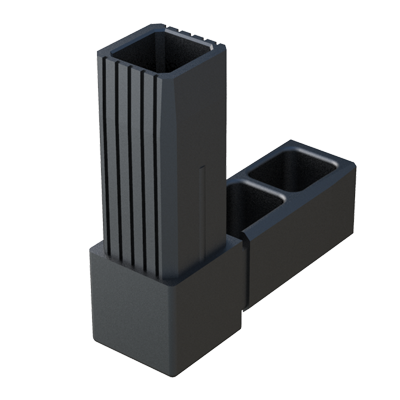 Our elbow connector has been designed for square tubes. It is supplied without internal metal core.