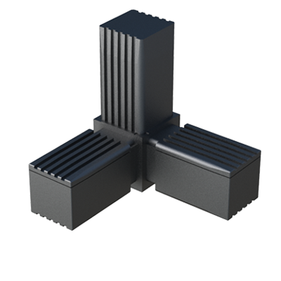 Our “Y” connector, made up of two parts, allows you to join <b>3 square tubes</b> and is supplied <b>with</b> or <b>without a Steel </b> (S), <b>Zinc-Coated Steel</b> (ZCS) or <b>Stainless Steel</b> (SS) core. <br>
Using a correct construction and weight distribution, it allows to build frames subjected to <b>low - medium</b> or <b>high</b> static loads - depending on the reference.
To avoid possible contact corrosion, in case you want to reinforce the connector by means of rivets, pins, etc., drilling into the steel core should be avoided.
The <b>Nylon</b> (PA6) used is highly resistant and gives the connector a long useful life. <br>
Contact our sales office if measures or any other product specification is not within the standard program.