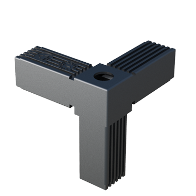Our 3-way connector has been designed for square tubes. It is supplied with an internal metal core. It has a thread of M8 or M10, depending on the reference.